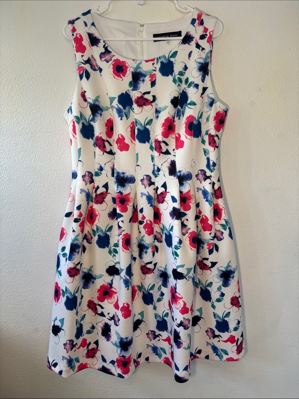 Andrew Marc White Floral Fit-and-Flare Dress with Pink and Navy Accents -529sku